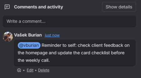 A scheduled comment posted on a Trello card under the author's name, with an @mention