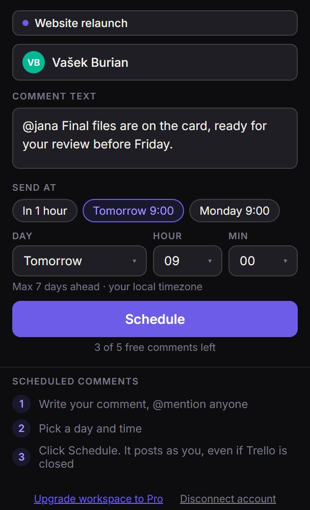 The PrimeScheduler popup on a card with a comment, an @mention and Tomorrow 9:00 selected
