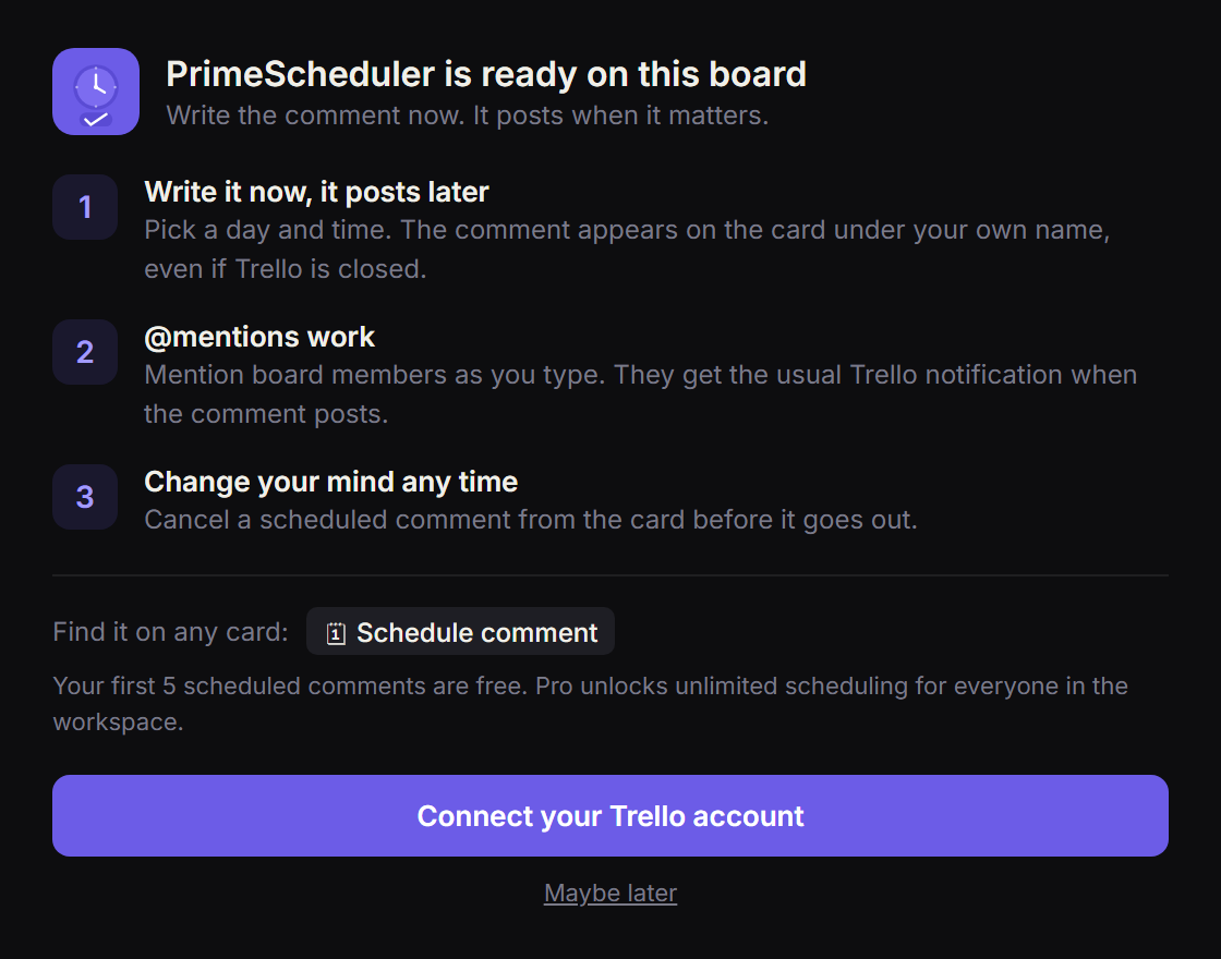 The PrimeScheduler welcome window with three key points and a Connect your Trello account button